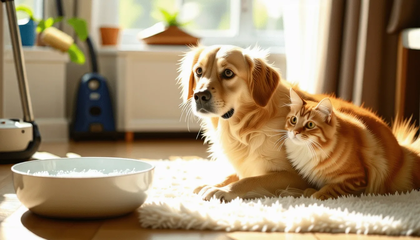 Chiot assis sur un tapis clair pendant le nettoyage du sol d’un salon