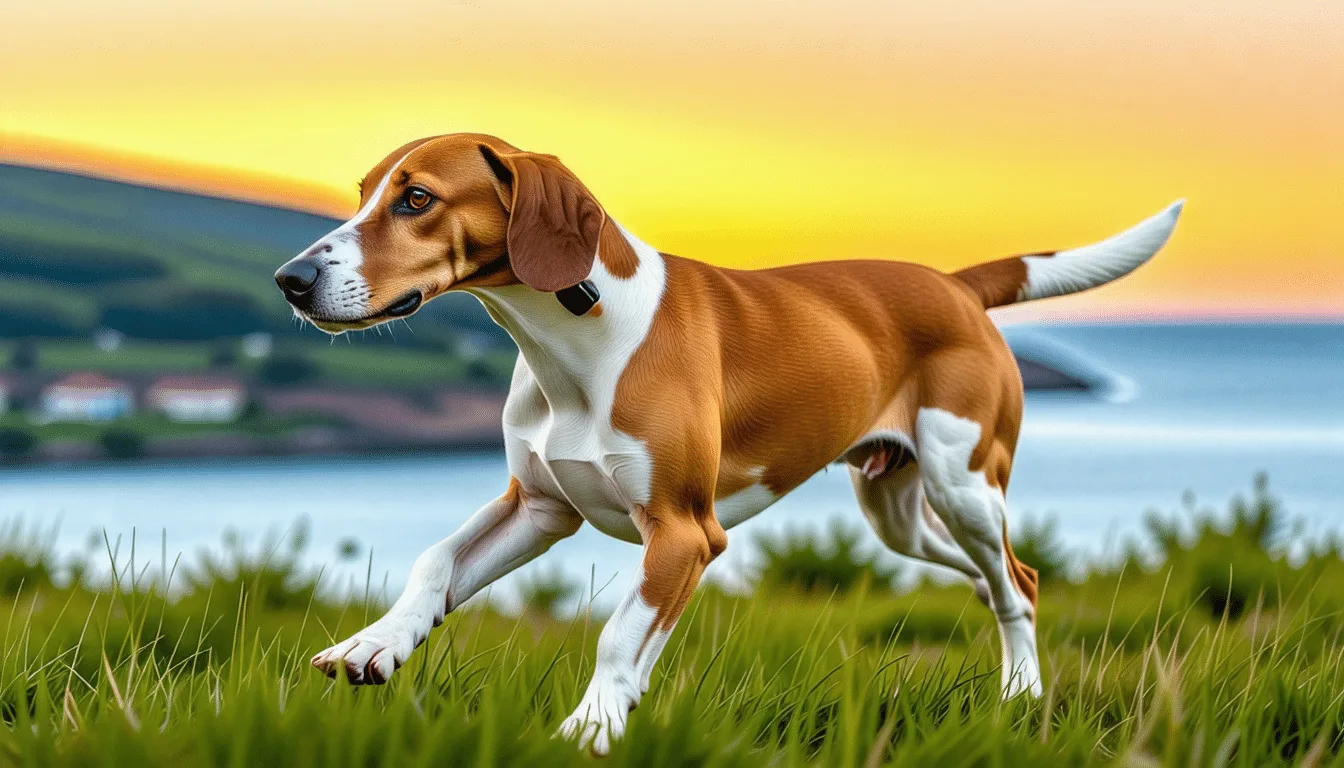 Chien Courant Grec noir et feu, à poil court, sur un terrain rocailleux de montagne